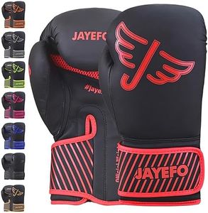 Jayefo Glorious Boxing Gloves Muay Thai Kick Boxing Leather Sparring Heavy Bag Workout Pro Leather Gloves Mitts Work for Men & Women, Black/RED, 12 OZ