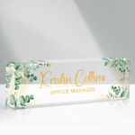 Custom Name Plate for Desk, Acrylic Office Decor for Women Men, Personalized Office Desk Accessories, Teacher Employee Appreciation Gifts for Social Worker Boss Coworkers (Green Leaves)