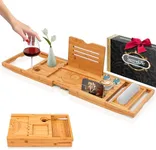SereneLife Bamboo Bathtub Caddy with Adjustable Length, Non-Slip Handles, Integrated Device Holder and Wine Glass Slot - Expandable Design for Comfortable Bathing