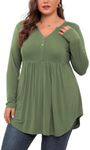 SHIJIALI Women's Plus Size Tops V Neck Henley Shirts Casual Long Sleeve Swing Flowy Blouse for Leggings Amry Green-X-Large