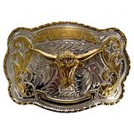 Classic Golden Floral Pattern Silver Bottom Golden Long Horn Bull Western Cowboy Fashion Belt Buckle Motorcycle Rider Street Punk Style Men's Western Belt Buckle