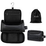 Elviros Toiletry Bag, Mens Leather Travel Organizer Kit with Hanging Hook, Large Water-Resistant Toiletries Bathroom Shaving Bags for Women (Large, Black)