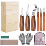 Wood Carving Tools Kit, 18PCS Wood Whittling Kit for Beginners, Includes 8PCS Basswood Carving Blocks and 6PCS Whittling Knife, Gloves, Roll Bag,Sharpener for Widdling Kit