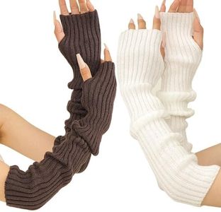 2Pcs Arm Warmers Winter for Women, 2024 Upgraded Fashion Long Fingerless Knit Mitten Gloves Arm Sleeves with Thumb Hole (White Coffee)