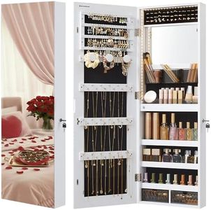 SONGMICS Mirror Jewelry Cabinet Armoire Organizer, Wall or Door Mount Storage Cabinet with Full-Length Frameless Lighted Mirror, Built-in Makeup Mirror, 2 Drawers, Lockable, Christmas Gift, White
