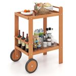 Tangkula Wood Bar Cart, Outdoor Indoor 2 Tier Rolling Serving Cart with Wine Bottle Holders and 2 Rubber Wheels, Bar Table Beverage Drink Cart for Kitchen, Patio, Garden and Poolside, Natural