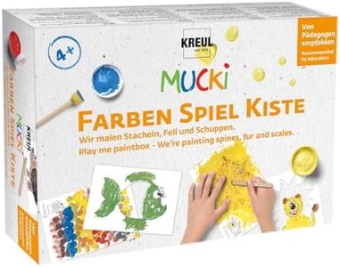 KREUL 29102 - Mucki Finger Paint, Colours Game Box, We Paint Spikes, Fur and Sheds, Learning and Play Set, 5 x 50 ml Finger Paint, 2 Small Tins, 12 Colouring Templates and Painting Tools