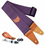 Guitar Strap, Vintage Nylon Full Grain Leather Ends Guitar Straps with Pick Pocket for Bass, Electric & Acoustic Guitar, Come with Free Strap Button, 1 Pair Strap Locks and 4 Guitar Picks (Purple)