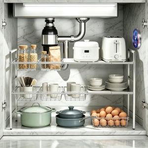 Eclat JC Home Premium Stainless Steel Under-Sink Organizer with Motion Sensor LED Light & Hygrometer - Expandable 2-Tier Cabinet Storage Rack for Kitchen Bathroom Organization (5 Plate, 5 Basket)
