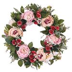 Front Door Wreath Floral Wreath Fake Flowers 15" Artificial Peony Wreath with Green Leaves Handmade for Farmhouse Welcome Door Wall Home Decor Office Pink