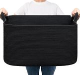 Laundry Basket, Dirty Clothes Basket, Large Blanket Storage Basket for Toys, Towels, Woven Basket for Storage, Cotton Rope Basket in Living Room, Bathroom, Black, 55x38x30 cm, 65L