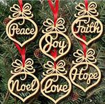 300Sparkles Wooden Christmas Tree Decoration Ornament with Name Faith Joy Hope Love Peace Noel Cutout for Christmas Decoration Hanger Pack of 12 Pcs.