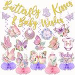 KMCCUMBER Butterfly Baby Shower Decorations, Purple Baby Shower Decorations Include Butterfly Kisses and Baby Wishes Banner Hanging Swirls and Honeycomb Centerpiece Party Decorations for Girl