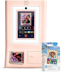 HP Sprocket Photo Booth + 110 3x4 Zink Paper Sheets, Digital Instant Color Photo Printer, 10.1" Touchscreen Photobooth, LED Ring Light, Customize w/ 250+ Frames, Share via QR Code, Mobile App, Pink