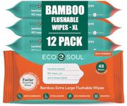 ECO SOUL Bamboo Flushable Extra-Large Adult Wipes-Unscented 576 Count |12 Pack of 48| Eco-Friendly Bamboo Compostable| 99% Purified Water, Hypoallergenic,Soft Wipes, BPA & Paraben free