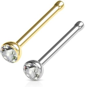 FIFTH CUE Cubic Zirconia Press Fit Nose Bone Stud Titanium IP 316L Surgical Steel (18G COMBO Pack *GOLD & STEEL*)