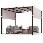 COSTWAY 3 X 4M/3 X 3M Metal Pergola with Retractable Roof, Large Garden Pergola with Sun Shade Canopy, Outdoor Grape Trellis Gazebo for Patio Party BBQ (Grey, 3 X 3M, Sliding Type)
