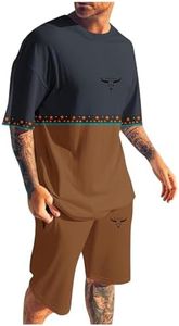 Mens 2 Piece Outfits Short Sleeve Western Graphic Colorblock Crewneck T-Shirt and Elastic Waist Shorts Set Vintage Shirts for Men Tees Gym Stuff Usa Yellow Tracksuit,03# Brown,Plus Size 4X