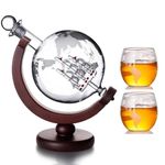 Whiskey Globe Decanter with Glasses Set, Whiskey Carafe Set with 1 Decanter and 2 Glasses, Globe Decanter with Ship for Whiskey, Scotch, Vodka Gift Set