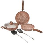 Amazon Basics Granite Finish Non Stick 5 Pcs Induction Base Cookware Set- Rust Granito (24cm Fry Pan, 24 cm Kadai, 28cm Tawa and 2 Nylon Spatulas)