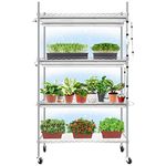 Monios-L Plant Shelf with Grow Lights, 4-Tier Metal Plant Stand with 180W T8 5000K Grow Light Bar, Heavy Duty Adjustable Rack with Wheels for Indoor Plants, Succulents, Seedling(35Lx14Wx61H, Silver)