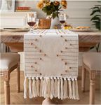 ALSTONIA Luxurious 100% Natural Pure Cotton Handmade Heat Resistant Table Runner with Tassels for 6 Seater Dining Table Self Designer Pattern -Pack of 1 (Brown & White,14"x72")