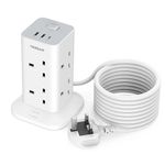 Tower Extension Lead 5M with USB C Slots, TESSAN 8 Way Multi Socket Plug Extension, Surge Protected Extension Cord with Switch, Long Extension Cable Plug Tower Power Strip for Home Office Supplies