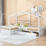 House Bed Double Twin Beds, Wood L-Shaped 2 Twin Platform Beds with 3 Storage Drawers,Montessori Bed with Roof ,Fence and Slatted Design, Corner Playhouse Bed Frame for Kids Girls Boys ,White