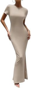 VintageClothing Women's Summer Bodycon Maxi Dress Casual Short Sleeve Y2k Sexy Tight Long Dresses Lounge Ribbed Tshirt Dress, Khaki, Small