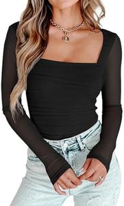 AGECODE Women's Square Neck Mesh Long Sleeve Bodysuit Shirts Ruched Body Suit Leotard Tops, Black, Large