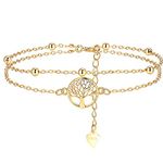 Lydreewam Tree of Life Bracelet for Women 925 Sterling Silver Double Layered Chain Bracelet with Gift Box Mother's Day Birthday Gift, Adjustable 17+4cm (Gold)