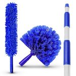 U.S. DUSTER COMPANY DUST FREE SOLUTIONS Ceiling Fan Cobweb Duster 3-Stage Aluminium Telescoping Pole Extendable Reach 20 feet Plus 2 Duster Heads, Blue