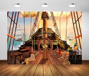 BELECO 7x5ft Fabric Vintage Pirate Ship Backdrop Wooden Rudder Treasure Chests Treasure Map Barrels Parrot Ocean Sailing Ship Nautical Pirates Background Pirate Theme Party Decorations Photo Props