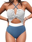 CUPSHE Women's One Piece Swimsuit Plunge Neckline Cutout Criss Cross Bathing Suit Sexy Swimwear Blue/White M