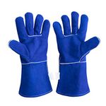 FZTEY Heat Resistant Fire Proof Guant, Welding High Temperature Gloves, Stove Long Leather Welders Thermal Gauntlets For BBQ,Mig,Log Burner, Woodburning,Fireplace (Blue)