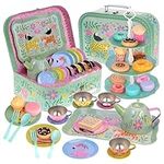 Jewelkeeper 42 Piece Tea Party Set for Little Girls Gift Pretend Kids Toy Tin Tea Set + Food & Carrying Case - Safari Design