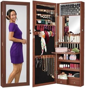 Best Choice Products LED Mirror Jewelry Cabinet, Tall Lockable Wall or Door Mounted Jewelry Armoire Organizer with Mirror, 2 Drawers, Lock, Cosmetic Tray, Shelves - Walnut