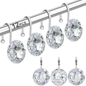 12PCS Shower Curtain Hooks Rings for Bathroom, Decorative Resin Shower Curtain Hooks Rods Curtains and Liner- Crystal (Clear)
