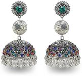 Boho Jhumka Jhumki Drop Dangle Earrings for Women Chandelier Bell Statement Crystal Silver Plated Pendant Earring Mexico Tassel Studs Ethnic Style Bollywood Vintage Party Wedding Jewelry, Metal, No