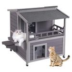 2 Story Cat House Enclosure with Large Balcony, Indoor Cat Condo Outdoor Cat Shelter, Wooden Kitty Home with PVC Door Strip