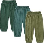 GFQLONG 3 Pack Toddler Boy Girl Casual Basic Plain Soft Pant Baby Summer Fall Comfy Cotton Linen Bloomers Pants, 3pc-Green, 2-3 Years