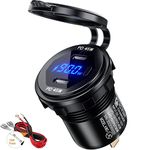 Thlevel Type C Car Charger Socket Dual Port 90W PD Type C Fast Charger Socket Power Waterproof with LED Digital Voltmeter and Switch for 12V / 24V Marine Boat Motorcycle Truck