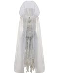 IKALI Ghost Bride Halloween Costume for Women Graveyard Zombie Witch Outfit White Dress, Long Cape with Hood, Plastic Chain