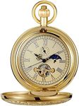 Tiong Men's Mechanical Pocket Watch Hand Wind Antique Tourbillon Moon Phase Analog Hunter Pocket Watches with Chain & Box, gold, 复古