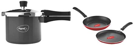 Pigeon Hard Anodised Pressure Cooker Outer Lid with Induction Base 3 Litre & Pigeon Aluminium Nonstick Duo Pack Flat Tawa 250 and Fry Pan 200 Gift Set (Red)