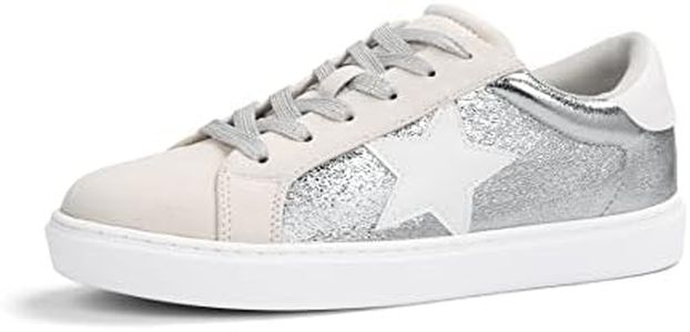 PARTY Women's Fashion Star Sneaker Lace Up Low Top Comfortable Cushioned Walking Shoes, Silver Met, 8.5