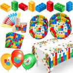 Building Block Birthday Party Supplies Set – Cups Plates Signs Napkins Balloons Tablecloth Utensils – Birthday Party Supplies for Boys and Girls – Serves 25