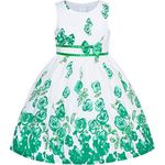 Sunny Fashion Girls Dress Green Casual Rose Flower Double Bow Tie Size 9-10 Years