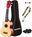 MOSEN 21" Ukulele for Beginners, Soprano Ukuleles Beginner Kit, Mini Guitar Travel Bundle with Gig Bag Strap Picks Nylon Strings Solid Wood Uke Gift (Natural Wood)