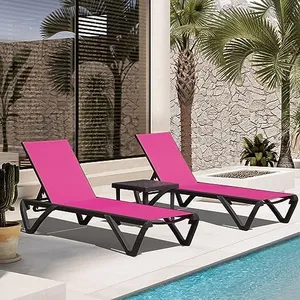 Domi Patio Lounge Chairs Set of 3, Aluminum Pool Chaise Lounge with Side Table,5 Position Adjustable Backrest and Wheels, Outdoor Lounge Chairs for Pool, Garden, Beach, Backyard, Hot Pink